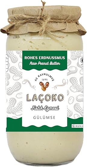 LAÇOKO 1 KG Şekersiz, Katkısız, Glutensiz, Vegan, Doğal Az Kavrulmuş (ÇİĞ) Yer Fıstığı Ezmesi (1 KG)