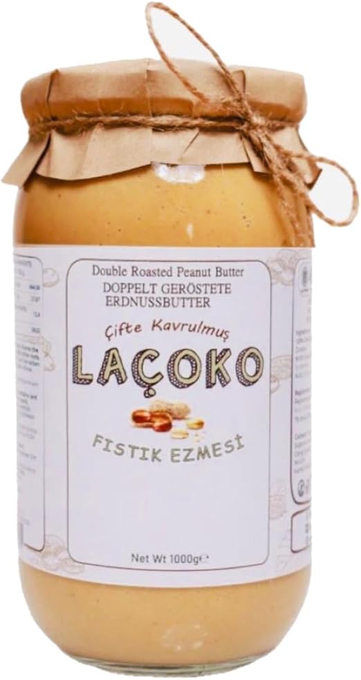 LAÇOKO 1 Kg Şekersiz, Saf, Katkısız Fıstık Ezmesi Glutensiz, Vegan, Doğal Çifte Kavrulmuş Yer Fıstığı Ezmesi (1 KG)