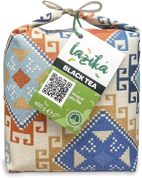 Desenli Bez Ambalaj (400g)-El ile Dikilmiş Hediyelik Siyah Çay,Erken Hasat, El Yapımı (Etnik Desenli)