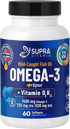 Supra Protein Vitamin Epax Omeg-3 Balık Yağı, 2.000 mg Fish Oil + Vitamin D3 & K2, 60 Kapsül