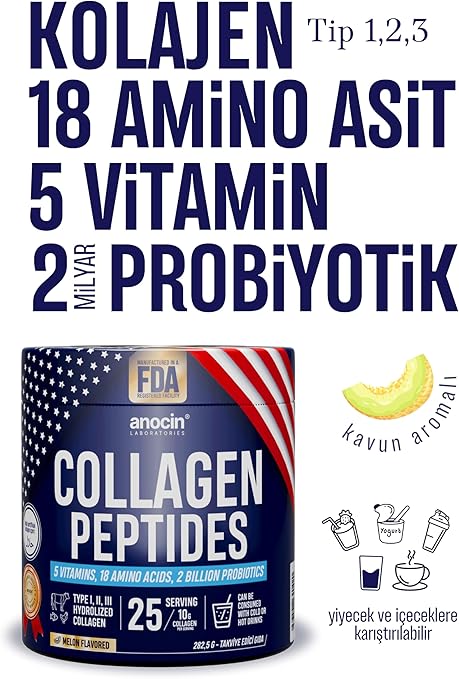 Anocin Collagen Peptides+18 Amino Acid+5 Vitamin+2 Milyar Probiotics,%100 Saf, Doğal Kolajen Peptit